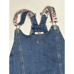 Tommy Hilfiger Womens Small Denim Apron Dress Pockets Raw Hem Logo Straps Y2K